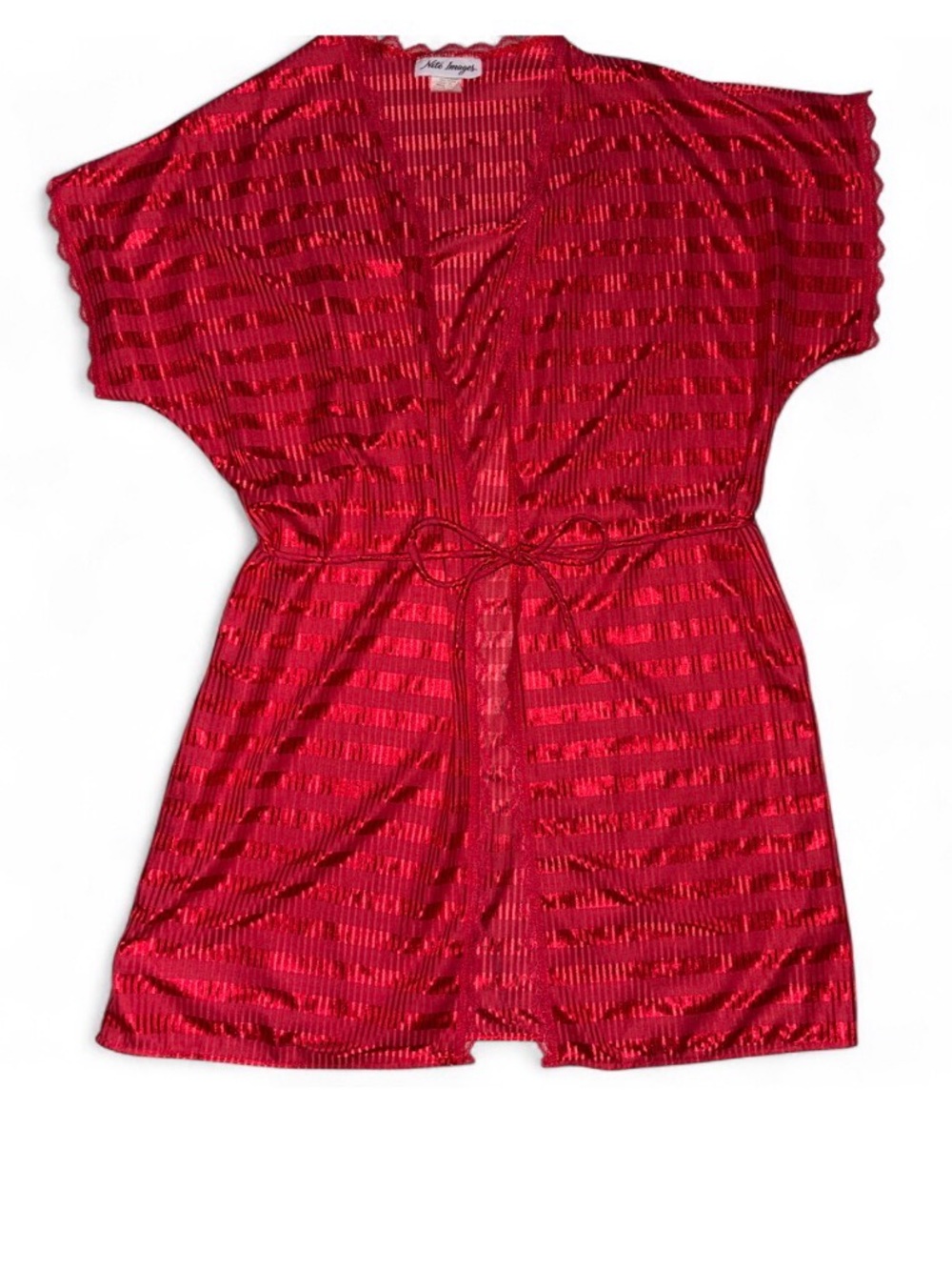 Red Metallic Stripe Women's Kimono Robe with Waist Tie